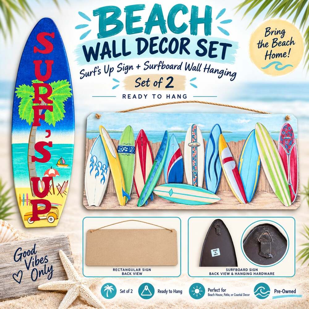 Beach Wall Decor Set Surf's Up Sign and Surfboard Wall Hanging Set of 2